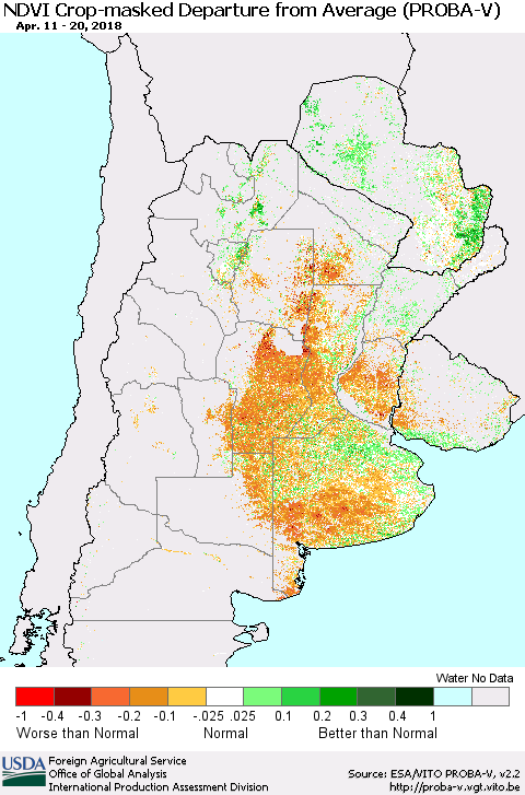 Southern South America NDVI Crop-masked Departure from Average (PROBA-V) Thematic Map For 4/11/2018 - 4/20/2018