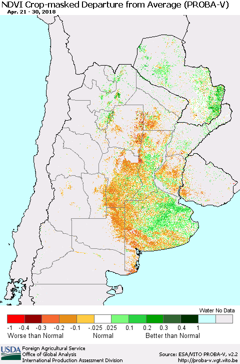 Southern South America NDVI Crop-masked Departure from Average (PROBA-V) Thematic Map For 4/21/2018 - 4/30/2018