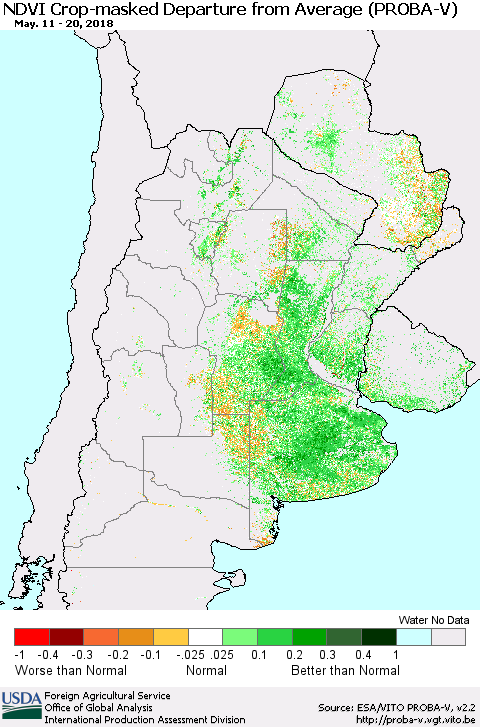 Southern South America NDVI Crop-masked Departure from Average (PROBA-V) Thematic Map For 5/11/2018 - 5/20/2018