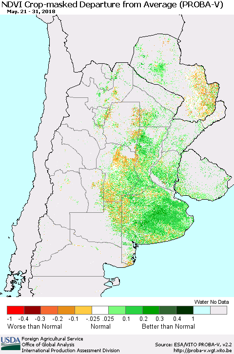 Southern South America NDVI Crop-masked Departure from Average (PROBA-V) Thematic Map For 5/21/2018 - 5/31/2018