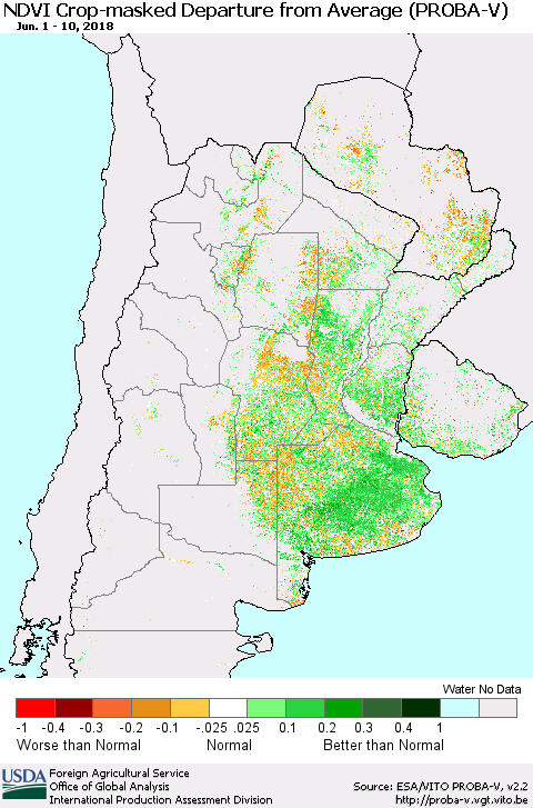 Southern South America NDVI Crop-masked Departure from Average (PROBA-V) Thematic Map For 6/1/2018 - 6/10/2018