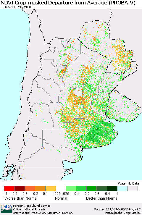 Southern South America NDVI Crop-masked Departure from Average (PROBA-V) Thematic Map For 6/11/2018 - 6/20/2018