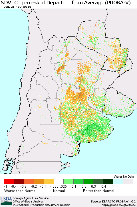 Southern South America NDVI Crop-masked Departure from Average (PROBA-V) Thematic Map For 6/21/2018 - 6/30/2018