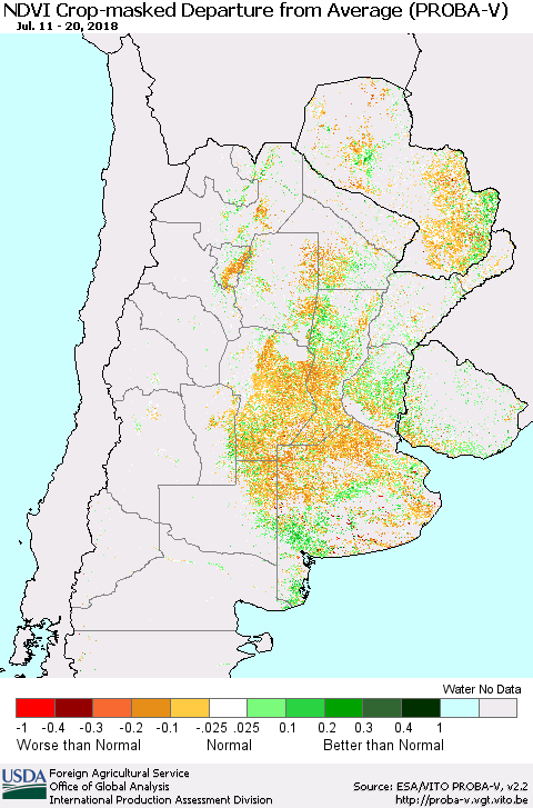 Southern South America NDVI Crop-masked Departure from Average (PROBA-V) Thematic Map For 7/11/2018 - 7/20/2018