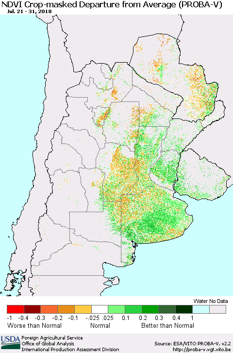 Southern South America NDVI Crop-masked Departure from Average (PROBA-V) Thematic Map For 7/21/2018 - 7/31/2018