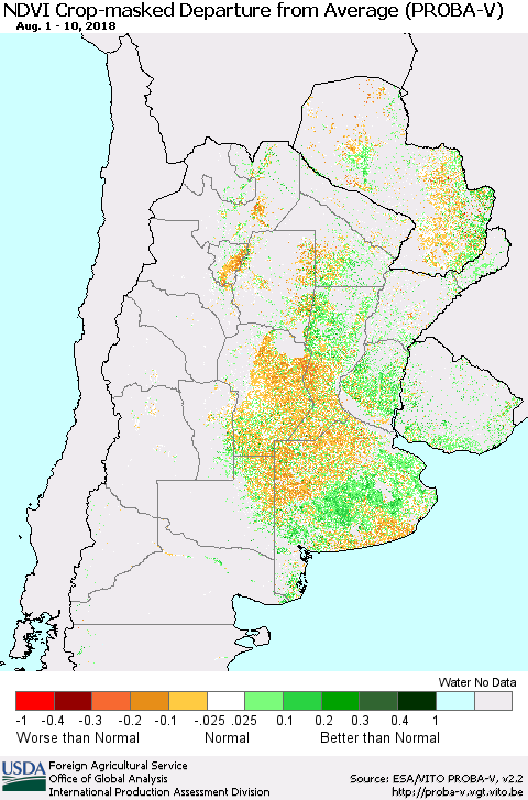 Southern South America NDVI Crop-masked Departure from Average (PROBA-V) Thematic Map For 8/1/2018 - 8/10/2018