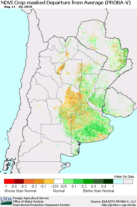Southern South America NDVI Crop-masked Departure from Average (PROBA-V) Thematic Map For 8/11/2018 - 8/20/2018