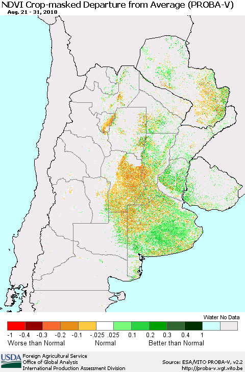 Southern South America NDVI Crop-masked Departure from Average (PROBA-V) Thematic Map For 8/21/2018 - 8/31/2018