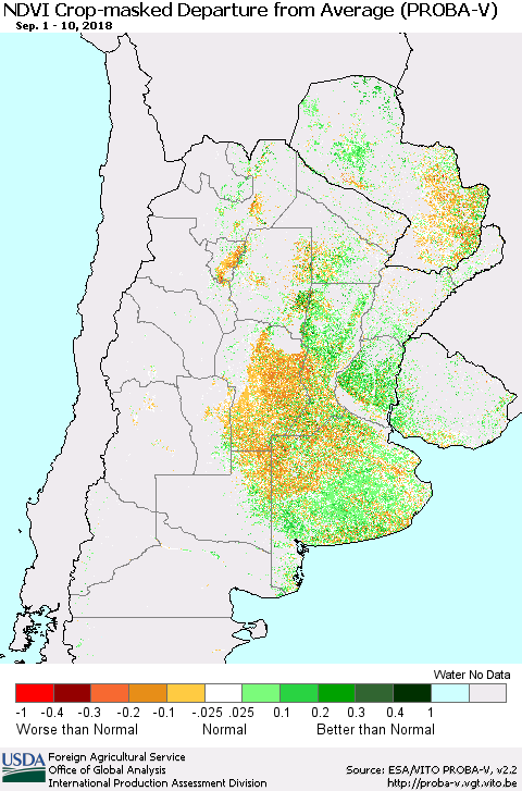 Southern South America NDVI Crop-masked Departure from Average (PROBA-V) Thematic Map For 9/1/2018 - 9/10/2018