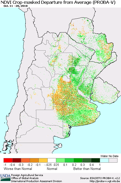 Southern South America NDVI Crop-masked Departure from Average (PROBA-V) Thematic Map For 10/11/2018 - 10/20/2018