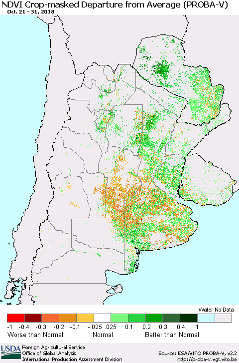 Southern South America NDVI Crop-masked Departure from Average (PROBA-V) Thematic Map For 10/21/2018 - 10/31/2018