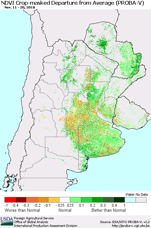 Southern South America NDVI Crop-masked Departure from Average (PROBA-V) Thematic Map For 11/11/2018 - 11/20/2018