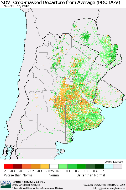 Southern South America NDVI Crop-masked Departure from Average (PROBA-V) Thematic Map For 11/21/2018 - 11/30/2018