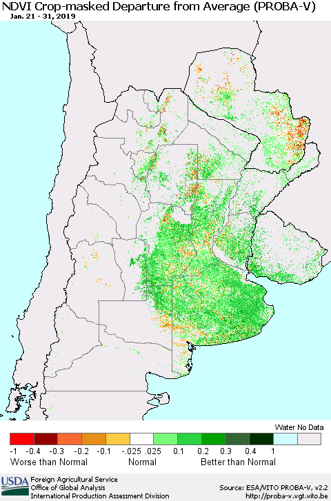 Southern South America NDVI Crop-masked Departure from Average (PROBA-V) Thematic Map For 1/21/2019 - 1/31/2019