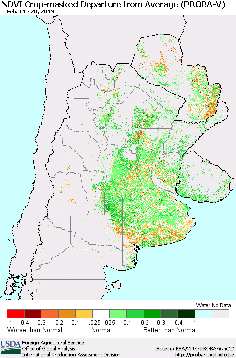 Southern South America NDVI Crop-masked Departure from Average (PROBA-V) Thematic Map For 2/11/2019 - 2/20/2019