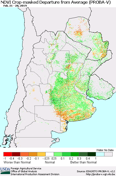 Southern South America NDVI Crop-masked Departure from Average (PROBA-V) Thematic Map For 2/21/2019 - 2/28/2019