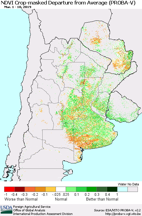 Southern South America NDVI Crop-masked Departure from Average (PROBA-V) Thematic Map For 3/1/2019 - 3/10/2019
