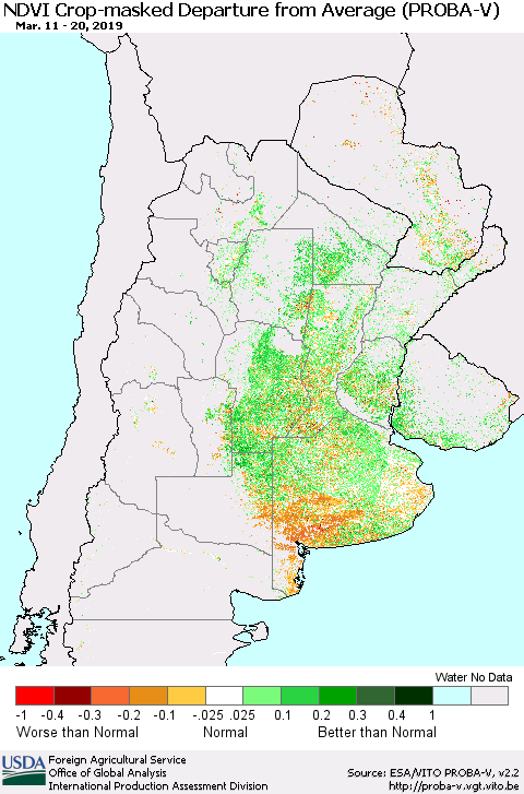 Southern South America NDVI Crop-masked Departure from Average (PROBA-V) Thematic Map For 3/11/2019 - 3/20/2019