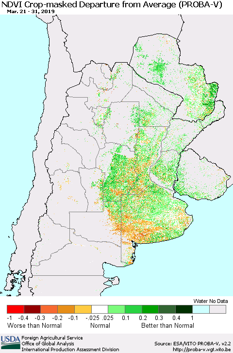 Southern South America NDVI Crop-masked Departure from Average (PROBA-V) Thematic Map For 3/21/2019 - 3/31/2019