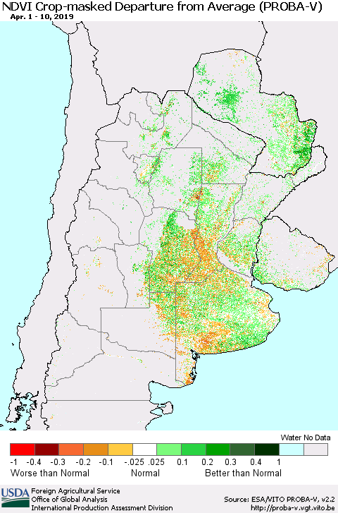 Southern South America NDVI Crop-masked Departure from Average (PROBA-V) Thematic Map For 4/1/2019 - 4/10/2019