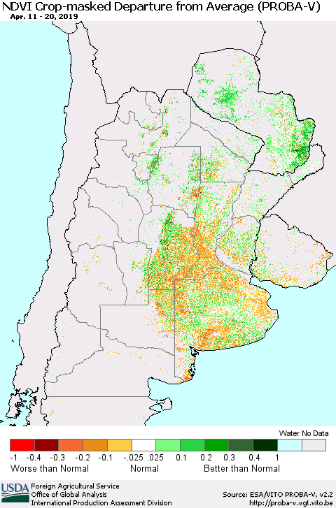 Southern South America NDVI Crop-masked Departure from Average (PROBA-V) Thematic Map For 4/11/2019 - 4/20/2019