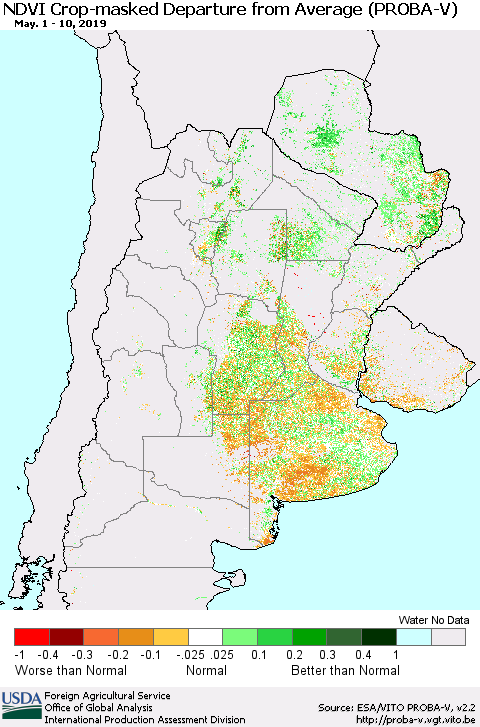 Southern South America NDVI Crop-masked Departure from Average (PROBA-V) Thematic Map For 5/1/2019 - 5/10/2019