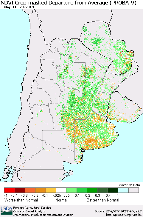 Southern South America NDVI Crop-masked Departure from Average (PROBA-V) Thematic Map For 5/11/2019 - 5/20/2019