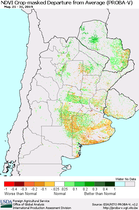 Southern South America NDVI Crop-masked Departure from Average (PROBA-V) Thematic Map For 5/21/2019 - 5/31/2019