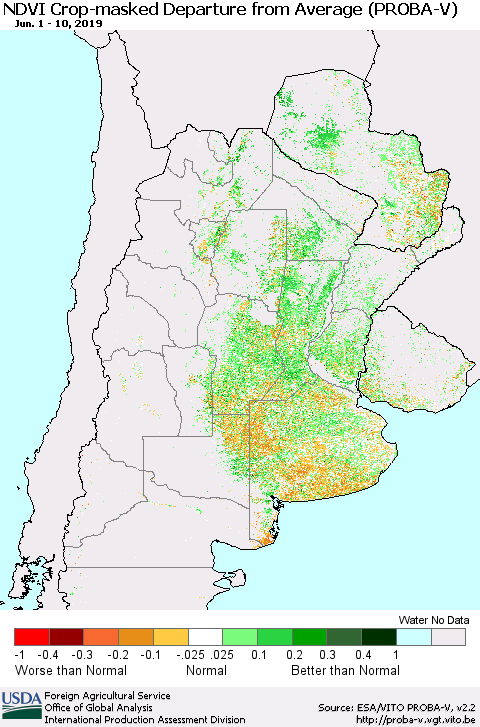 Southern South America NDVI Crop-masked Departure from Average (PROBA-V) Thematic Map For 6/1/2019 - 6/10/2019