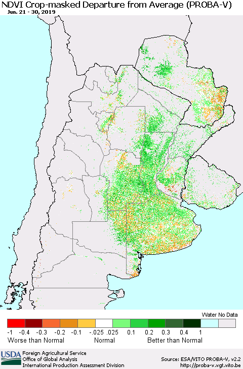 Southern South America NDVI Crop-masked Departure from Average (PROBA-V) Thematic Map For 6/21/2019 - 6/30/2019