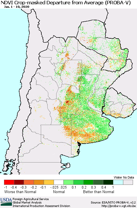 Southern South America NDVI Crop-masked Departure from Average (PROBA-V) Thematic Map For 1/1/2020 - 1/10/2020