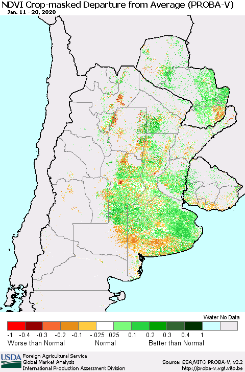 Southern South America NDVI Crop-masked Departure from Average (PROBA-V) Thematic Map For 1/11/2020 - 1/20/2020