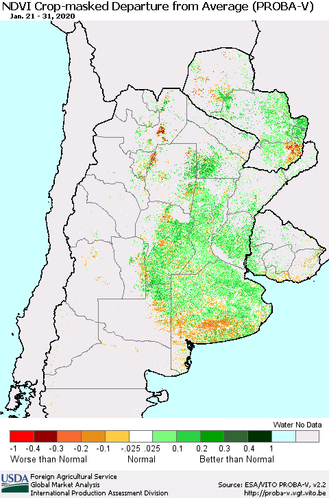 Southern South America NDVI Crop-masked Departure from Average (PROBA-V) Thematic Map For 1/21/2020 - 1/31/2020