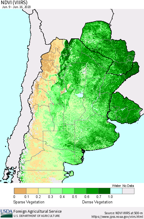 Southern South America NDVI (VIIRS) Thematic Map For 6/11/2020 - 6/20/2020