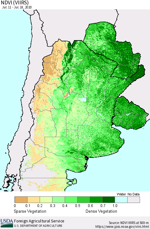 Southern South America NDVI (VIIRS) Thematic Map For 7/11/2020 - 7/20/2020