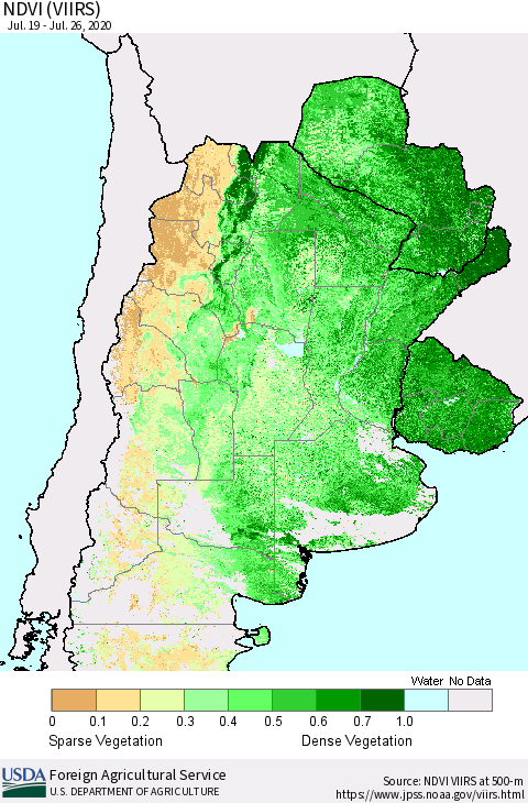 Southern South America NDVI (VIIRS) Thematic Map For 7/21/2020 - 7/31/2020