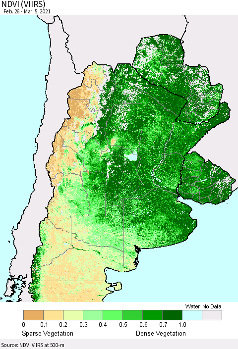 Southern South America NDVI (VIIRS) Thematic Map For 2/26/2021 - 3/5/2021