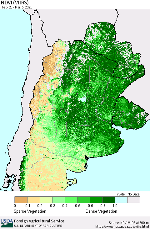 Southern South America NDVI (VIIRS) Thematic Map For 3/1/2021 - 3/10/2021
