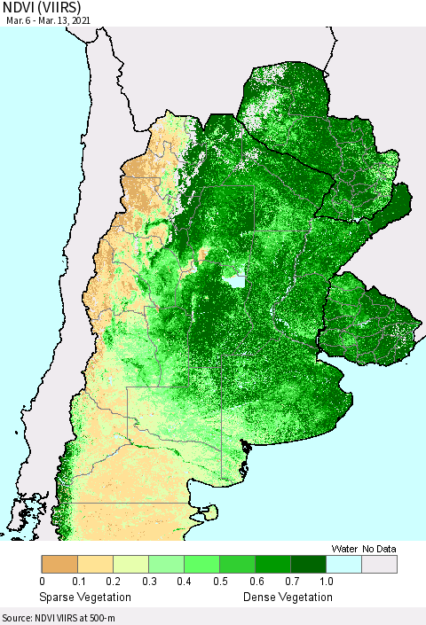 Southern South America NDVI (VIIRS) Thematic Map For 3/6/2021 - 3/13/2021