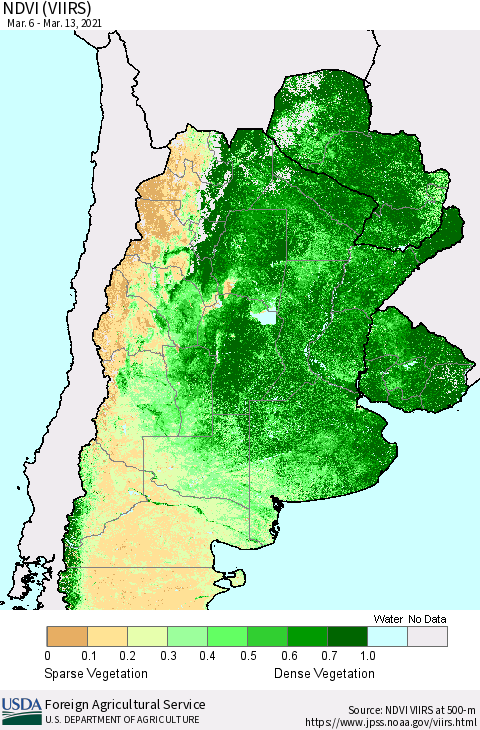 Southern South America NDVI (VIIRS) Thematic Map For 3/11/2021 - 3/20/2021