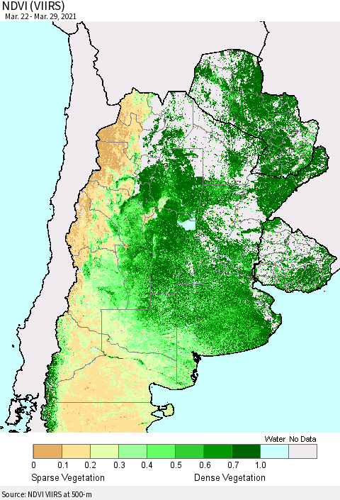 Southern South America NDVI (VIIRS) Thematic Map For 3/22/2021 - 3/29/2021