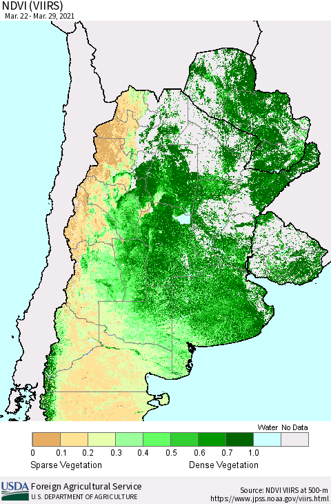 Southern South America NDVI (VIIRS) Thematic Map For 3/21/2021 - 3/31/2021
