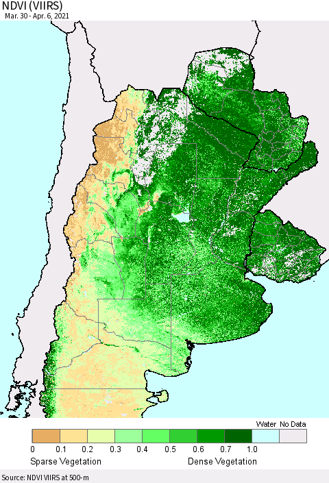 Southern South America NDVI (VIIRS) Thematic Map For 3/30/2021 - 4/6/2021