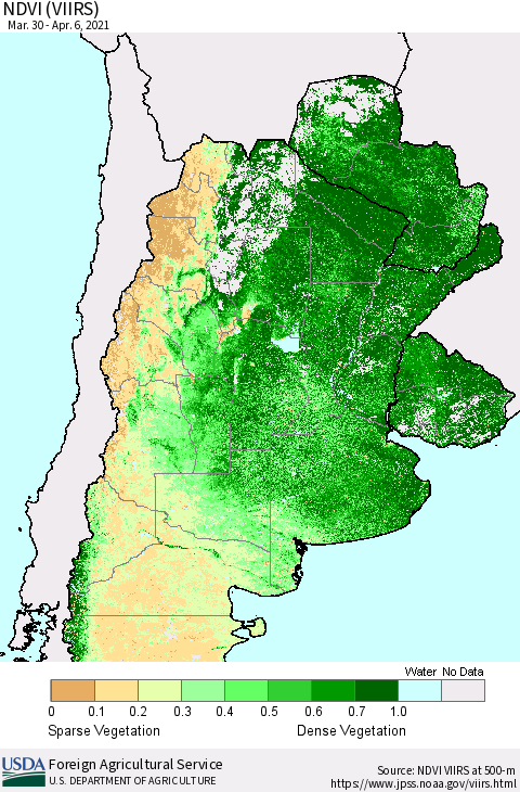 Southern South America NDVI (VIIRS) Thematic Map For 4/1/2021 - 4/10/2021