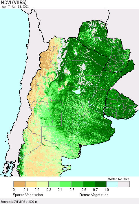 Southern South America NDVI (VIIRS) Thematic Map For 4/7/2021 - 4/14/2021