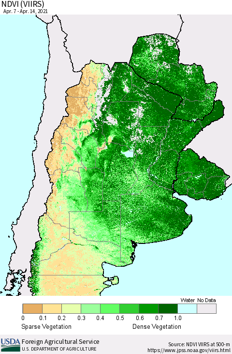 Southern South America NDVI (VIIRS) Thematic Map For 4/11/2021 - 4/20/2021