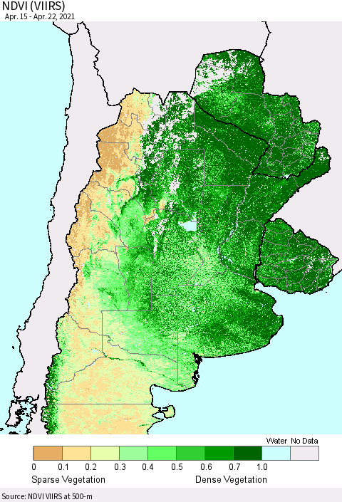 Southern South America NDVI (VIIRS) Thematic Map For 4/15/2021 - 4/22/2021