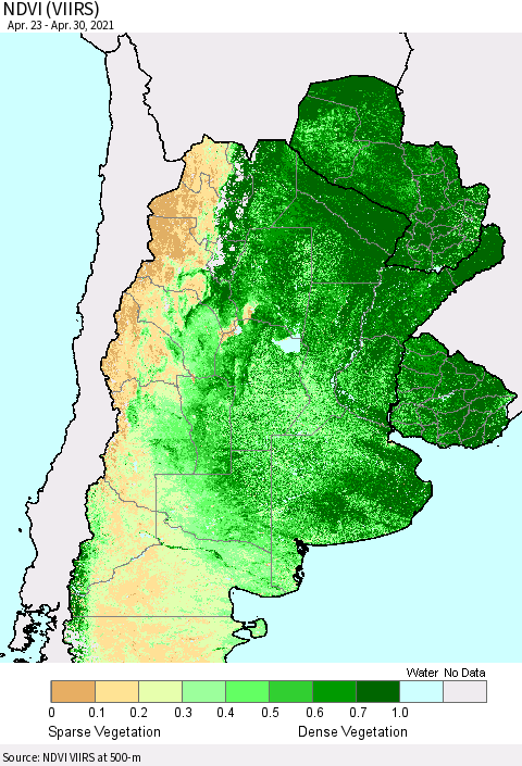 Southern South America NDVI (VIIRS) Thematic Map For 4/21/2021 - 4/30/2021