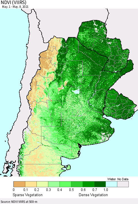 Southern South America NDVI (VIIRS) Thematic Map For 5/1/2021 - 5/8/2021