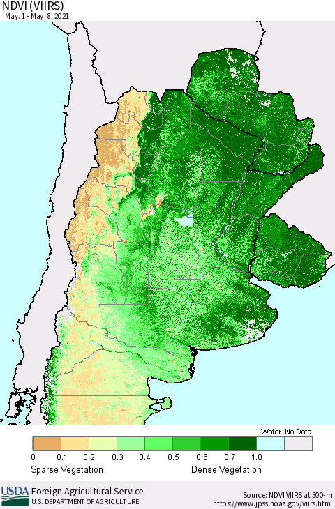 Southern South America NDVI (VIIRS) Thematic Map For 5/1/2021 - 5/10/2021